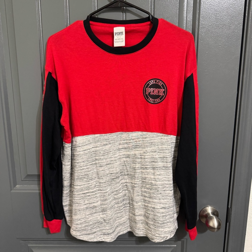 PINK Victoria's Secret Red, Black, and Gray Color Block Long Sleeve Tee w/Sequin